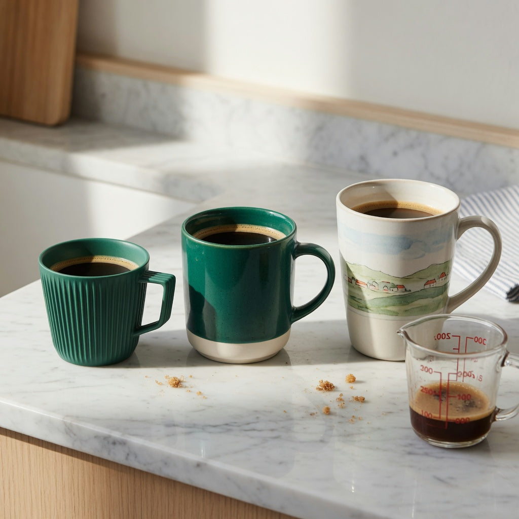 Three cups shown for an americano coffee cup size decision guide: Pleated 200 ml, Emerald 270 ml and Landscape Tall 350 ml