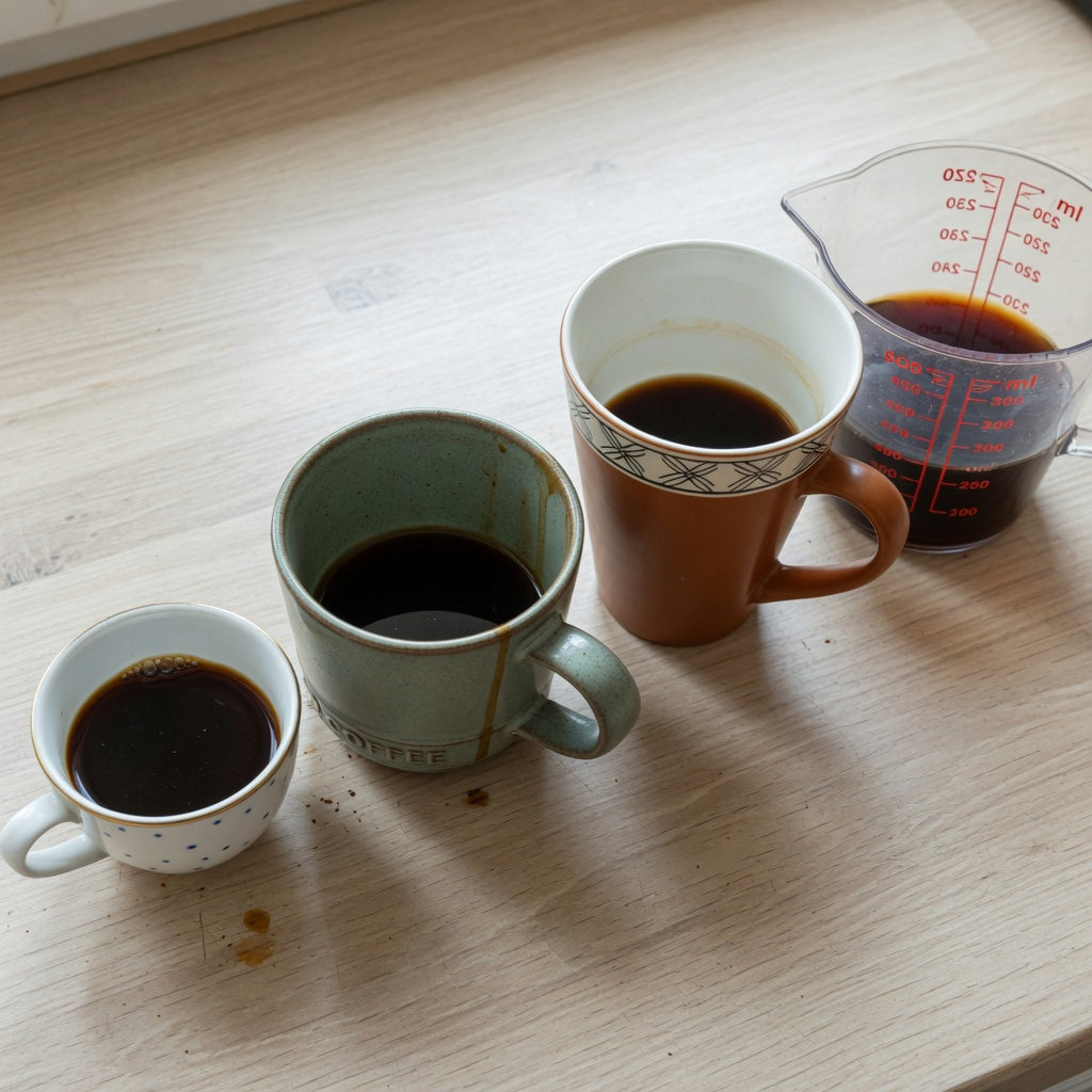 Americano cup vs mug comparison: three coffee vessels of different sizes filled to different levels on a kitchen counter to show headroom.