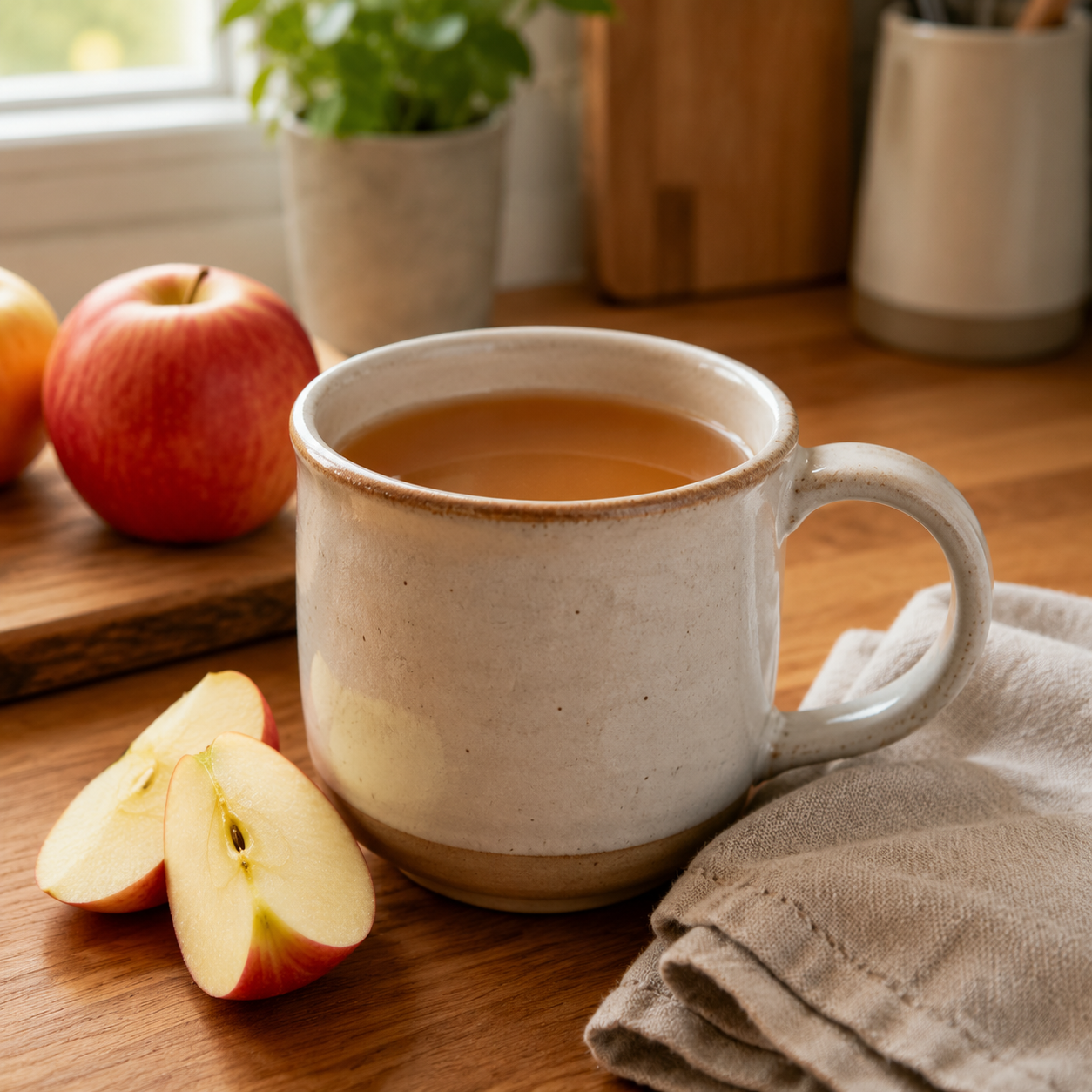 Ceramic apple cider mug on a kitchen counter with its handle and wide drinking rim visible