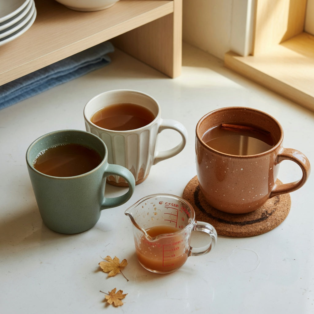 Apple cider mug buying priorities shown with 400 ml and 480 ml ceramic mugs compared by handle shape and counter space