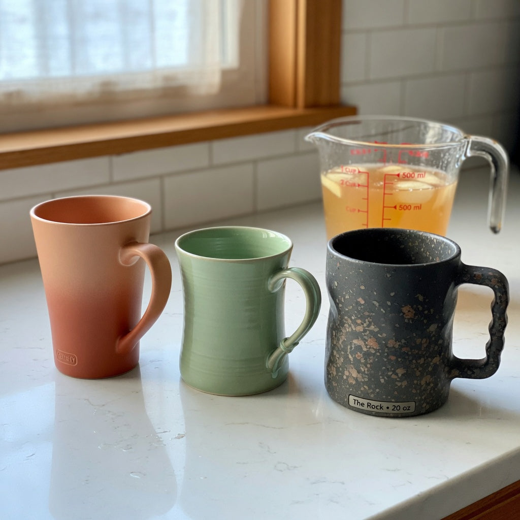 Apple cider mug current product facts comparison of The Gradient and The Flow at 400 ml and The Rock at 480 ml