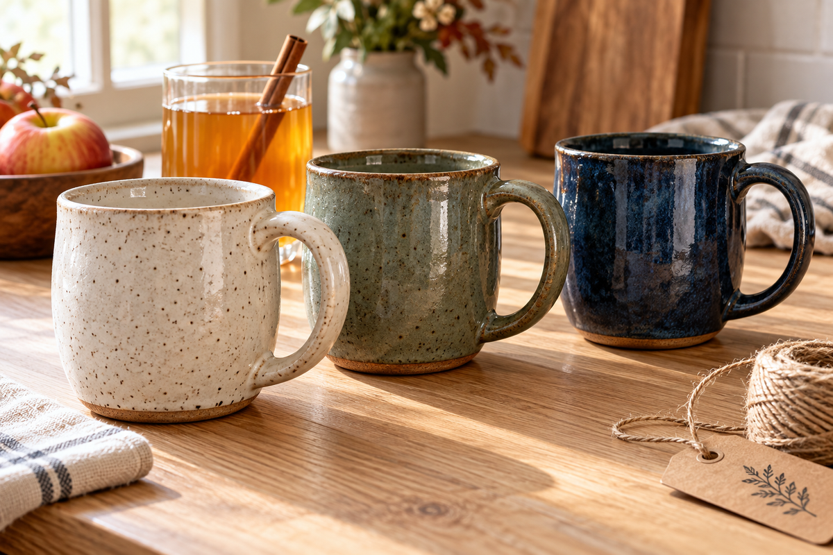 Apple cider mug gift comparison of 400 ml and 480 ml ceramic mugs arranged on a kitchen counter
