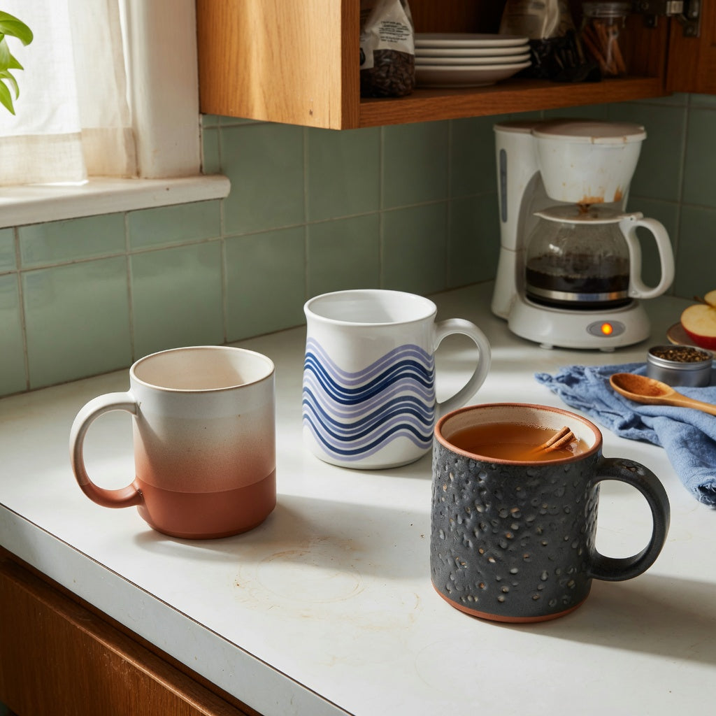 An apple cider mug home coffee station practical purchase checklist scene with 400 ml and 480 ml ceramic mugs beside a brewer