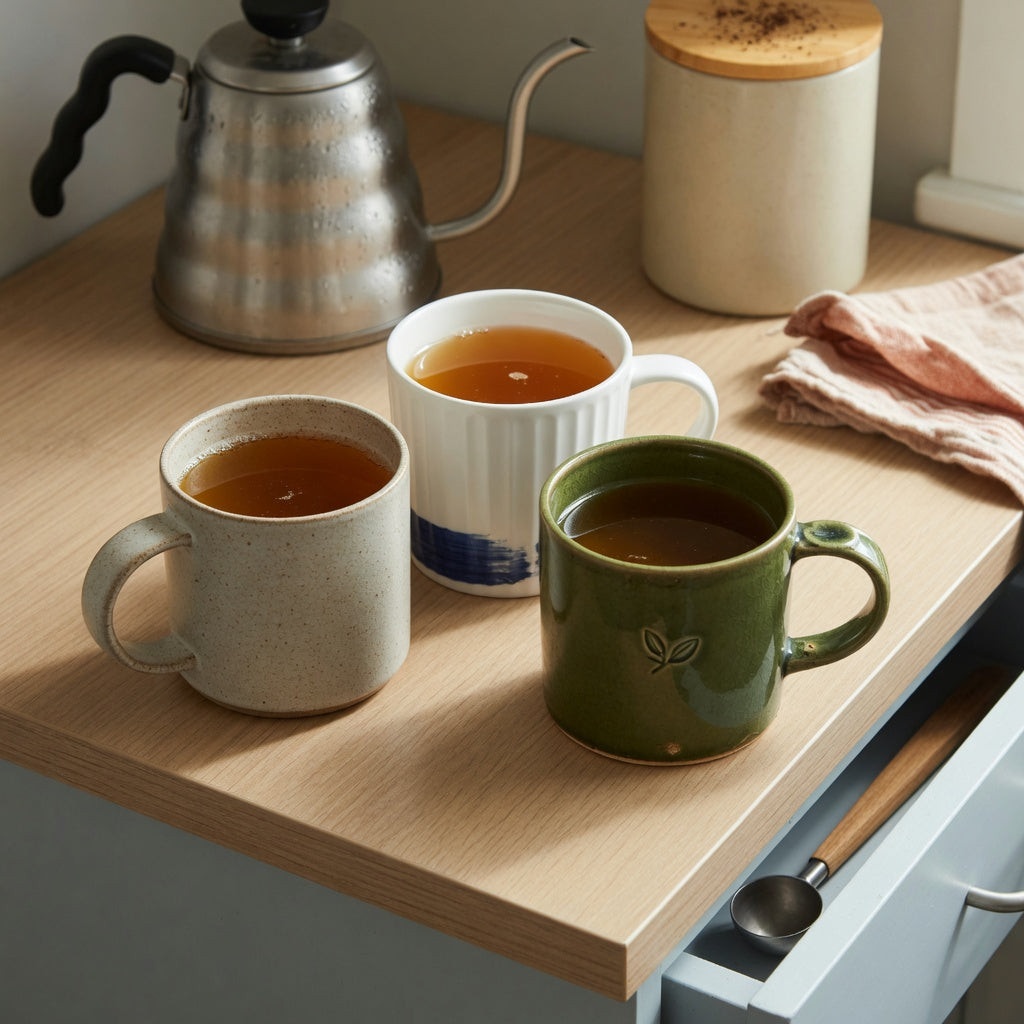 Apple cider mug home coffee station product shortlist guide with three ceramic mugs compared beside a kettle and coffee canister