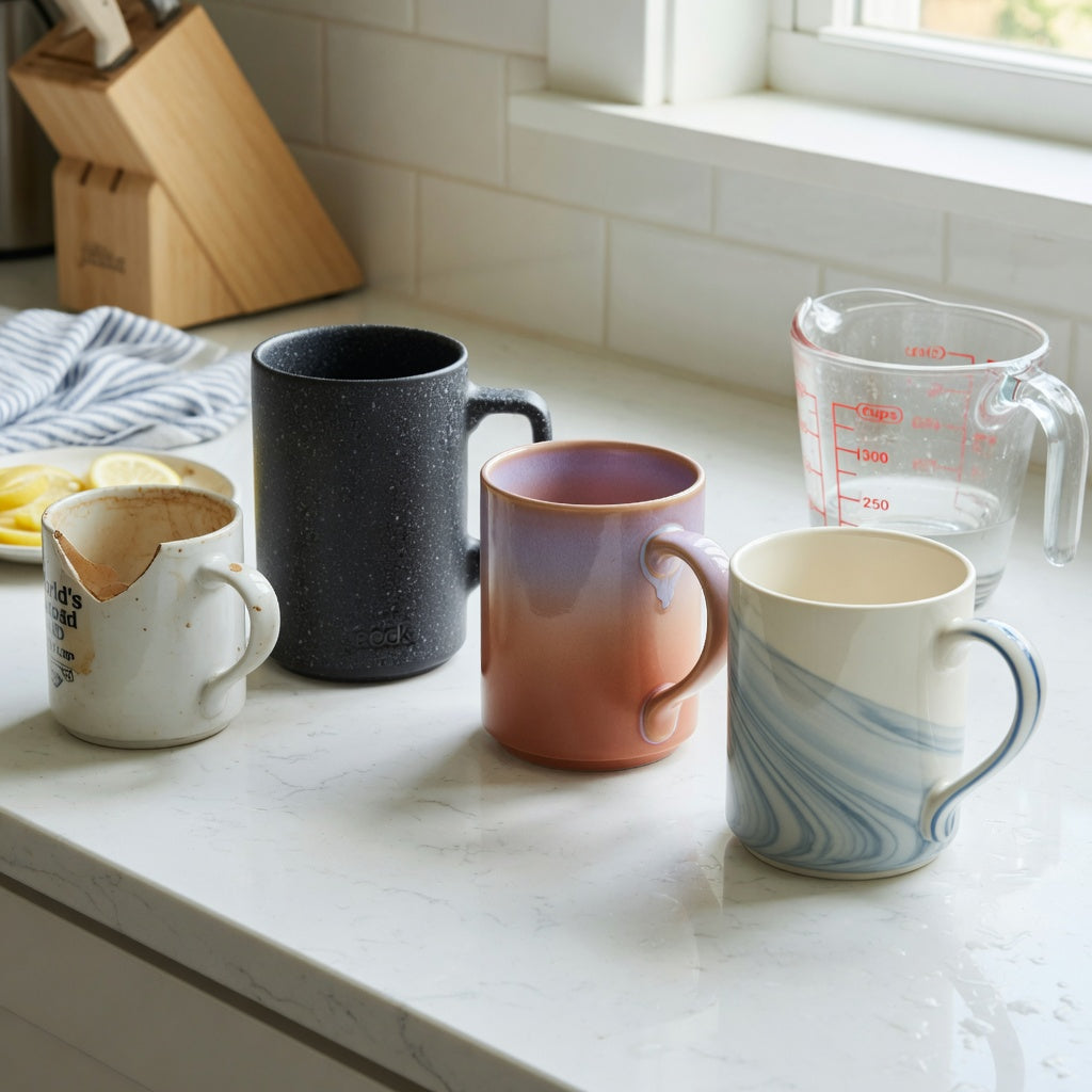 apple cider mug replacement purchase practical purchase checklist with the 400 ml Gradient and Flow and the 480 ml Rock on a kitchen counter