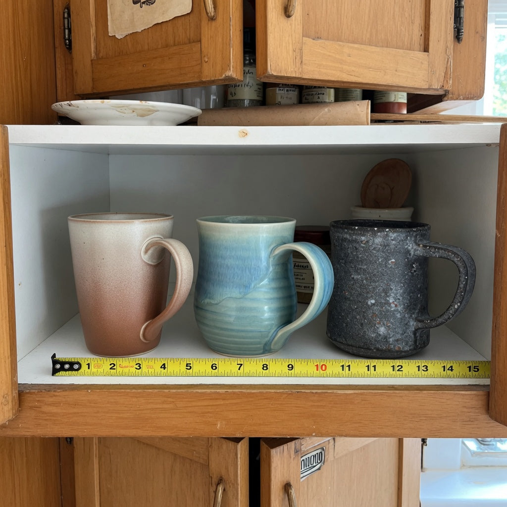 Apple cider mug storage fit guide showing Gradient, Flow, and Rock ceramic mugs arranged for shelf comparison