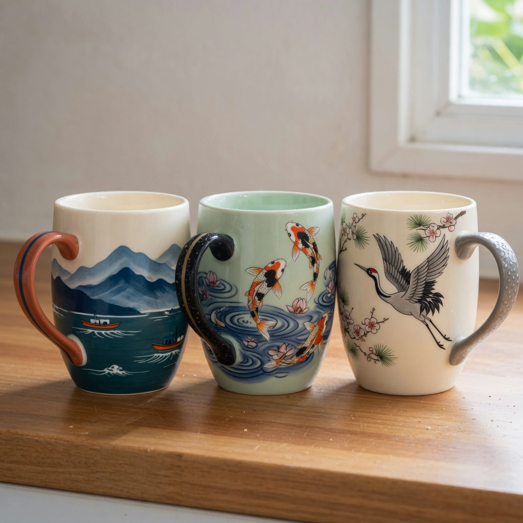 Art coffee mugs with mountain-sea, koi fish, and crane motifs arranged on a kitchen counter