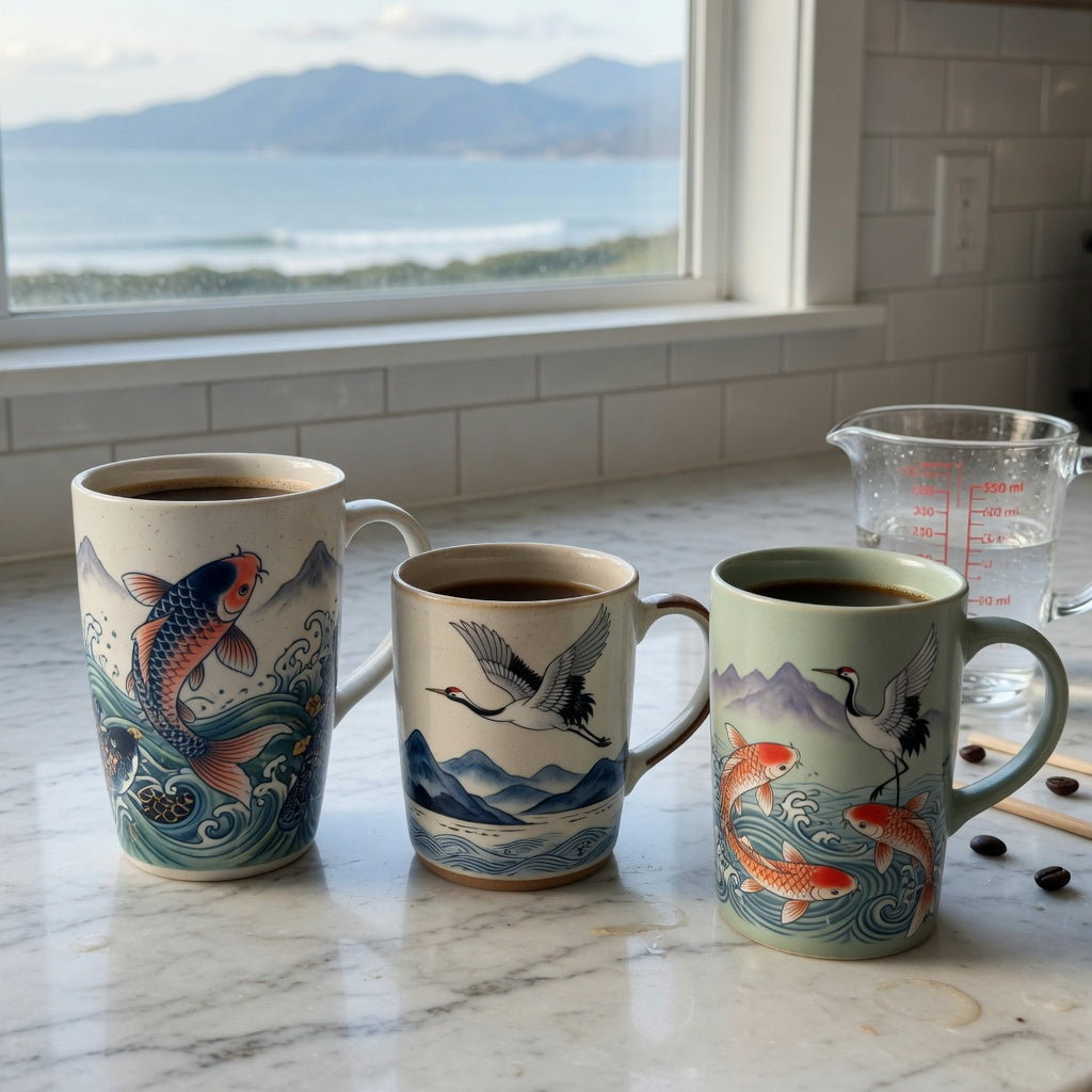 Art coffee mugs capacity guide comparing 400 ml Crane, 440 ml Koi Fish, and 480 ml Mountain Sea ceramic mugs