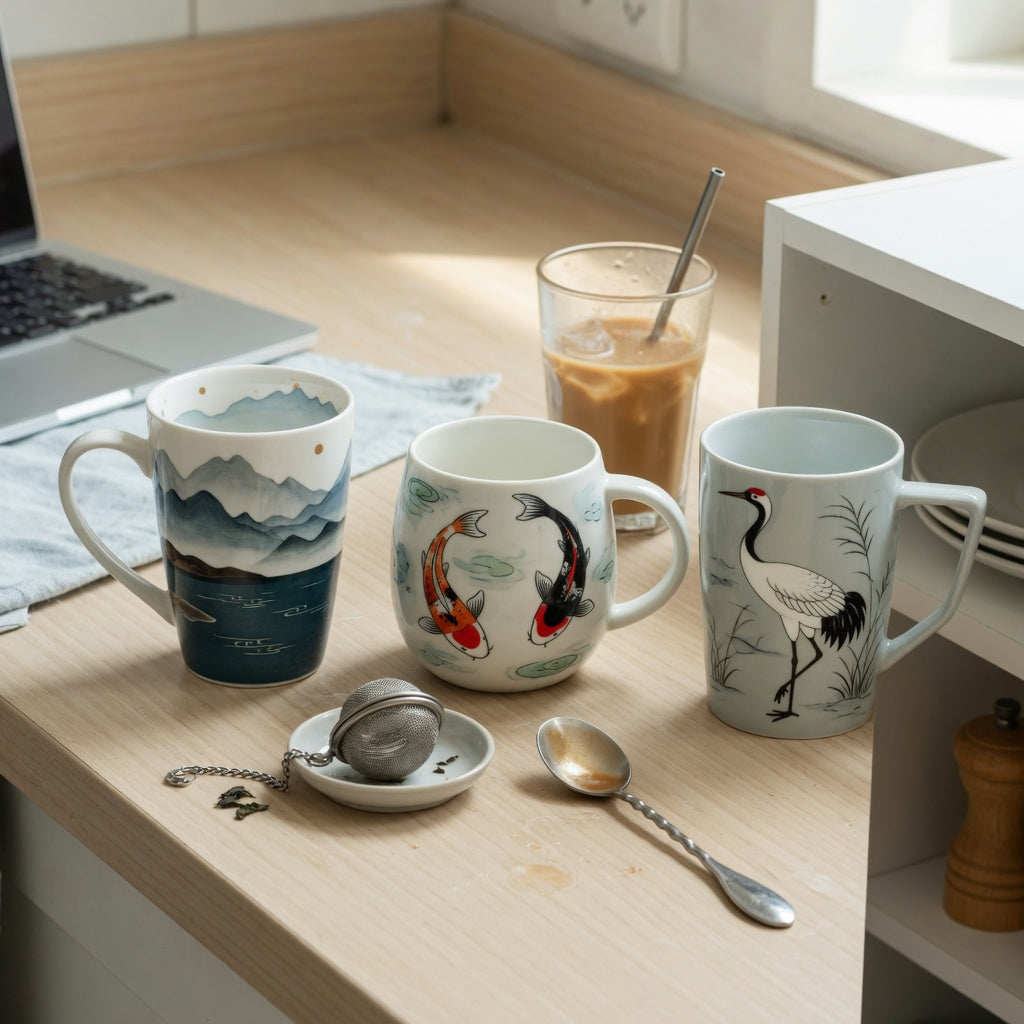 Art coffee mugs daily use guide showing Mountain Sea, Koi Fish, and Crane ceramic mugs on a kitchen counter