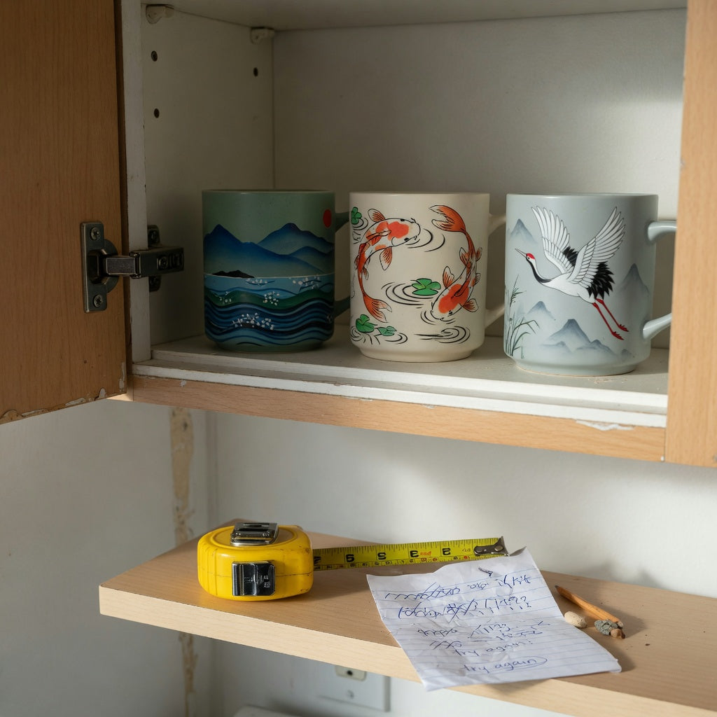 Art coffee mugs compact kitchen practical purchase checklist with mountain-sea, koi fish, and crane mugs measured beside an open cabinet