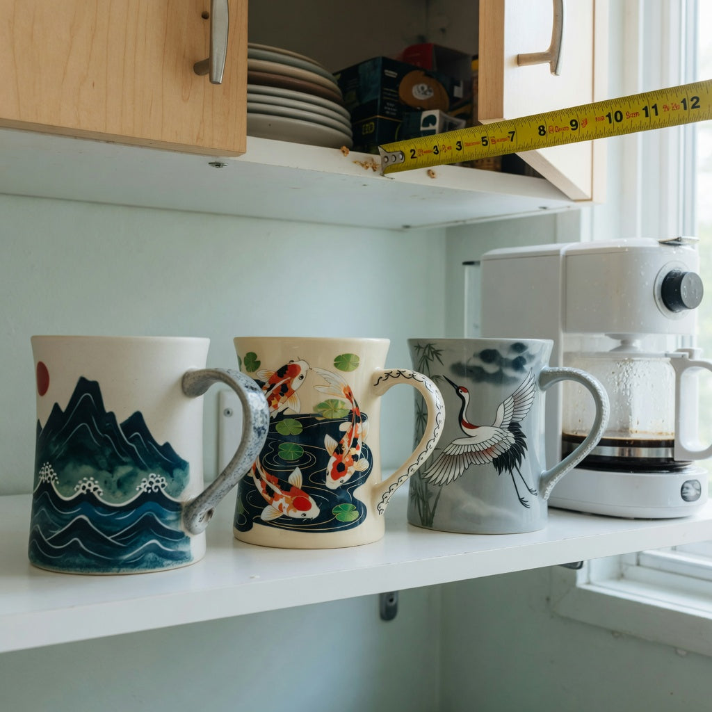 art coffee mugs compact kitchen product shortlist guide showing Mountain Sea, Koi Fish, and Crane ceramic mugs on a narrow kitchen shelf
