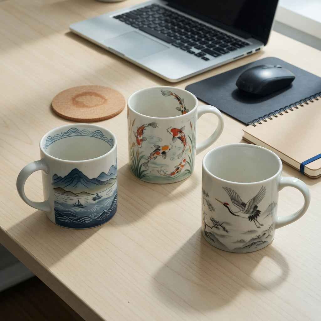 Art coffee mugs for desk use: three ceramic mugs with mountain-sea, koi fish, and crane motifs beside a keyboard and mouse