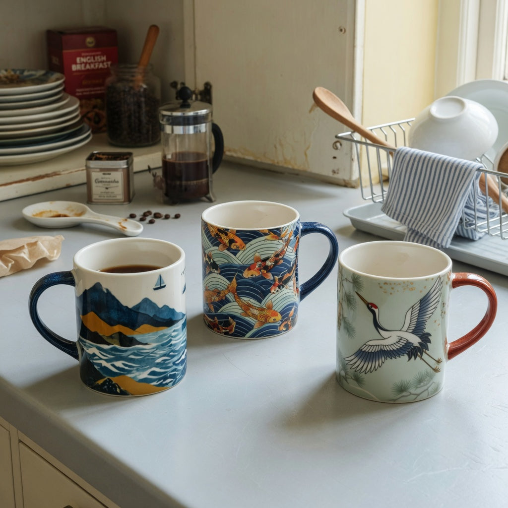 Art coffee mugs everyday mug rotation practical purchase checklist with Mountain Sea, Koi Fish, and Crane motif mugs on a kitchen counter