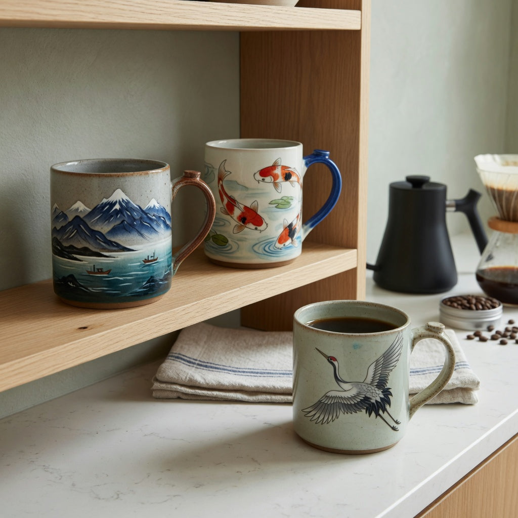 Featured art coffee mugs everyday mug rotation product shortlist guide scene with mountain sea, koi fish, and crane ceramic mugs on a kitchen shelf