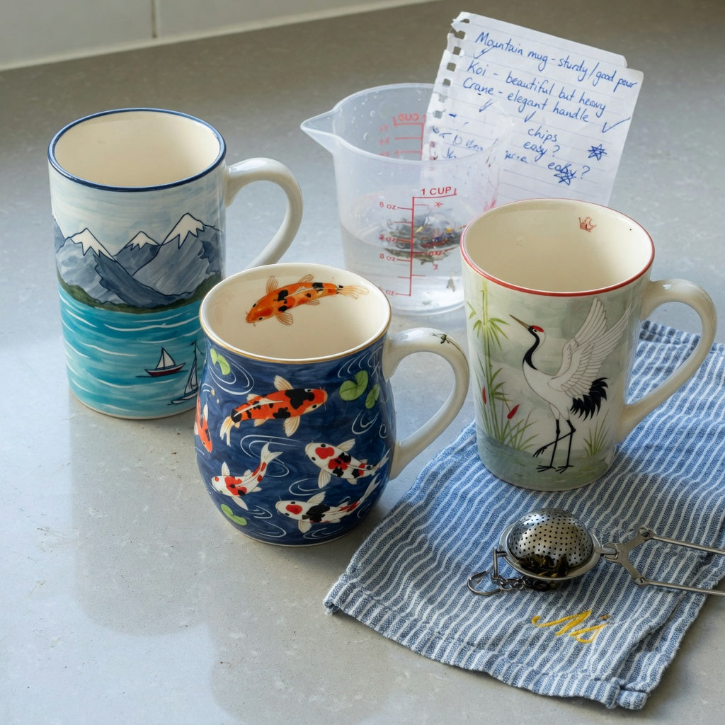 Three ceramic motif mugs arranged for an art coffee mugs first time buyer product shortlist guide