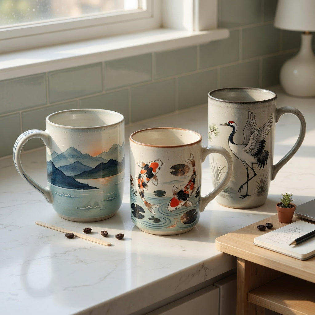 Three ceramic mugs compared in an art coffee mugs gift choice product shortlist guide, with mountain-sea, koi fish, and crane imagery