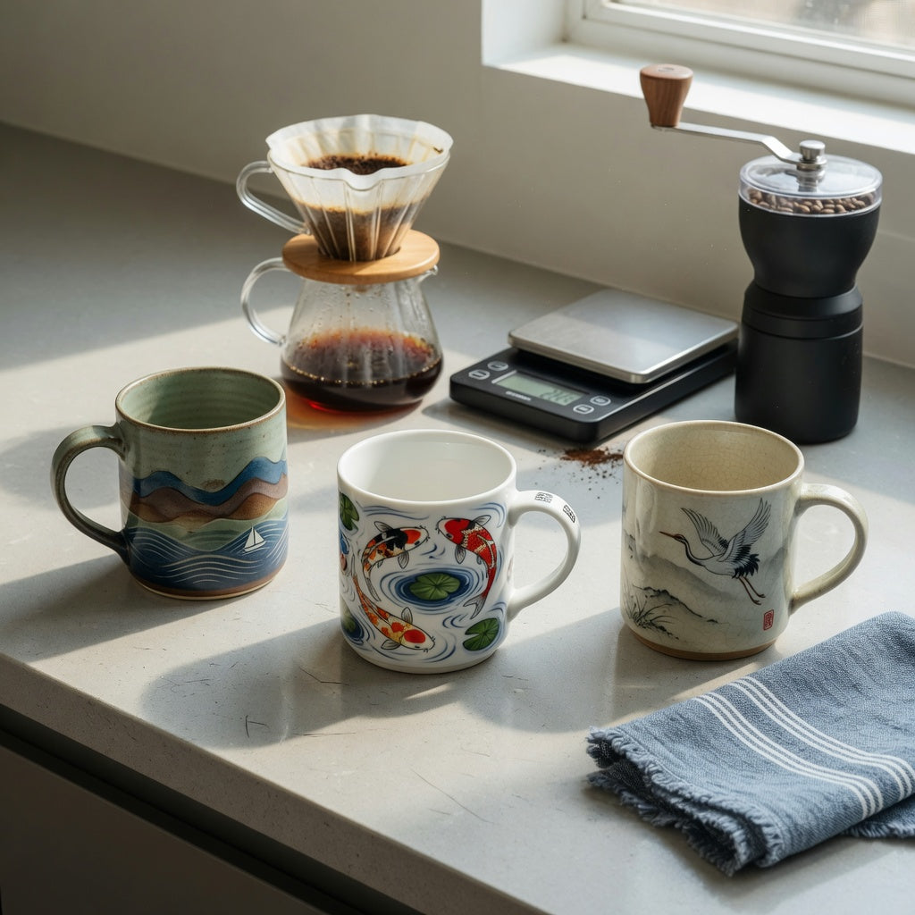 Art coffee mugs home coffee station practical purchase checklist showing mountain, koi, and crane motif ceramic mugs beside a brewer