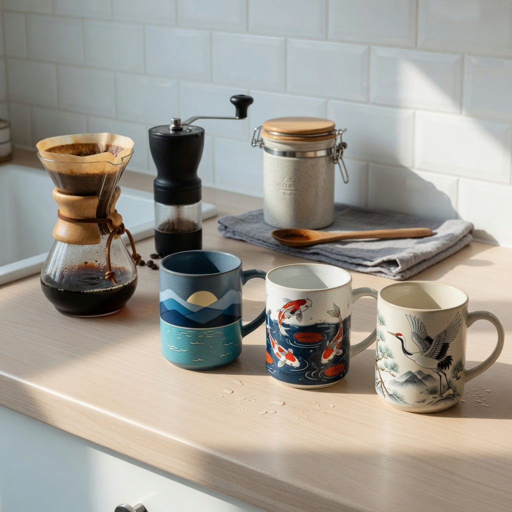 Art coffee mugs home coffee station product shortlist guide showing Mountain Sea, Koi Fish, and Crane motif ceramic mugs beside a brewer