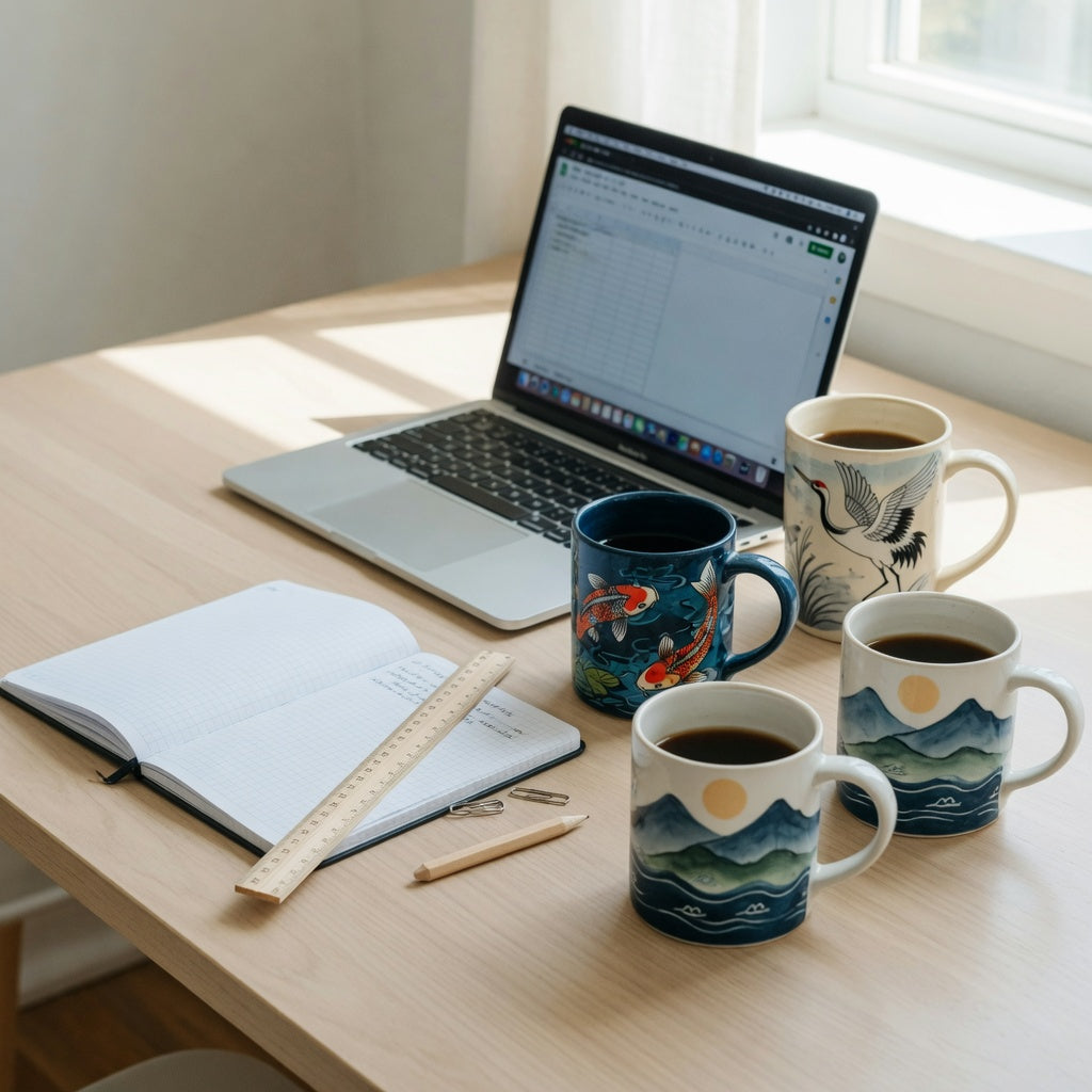 art coffee mugs home office practical purchase checklist with mountain-sea, koi fish, and crane ceramic mugs beside a laptop