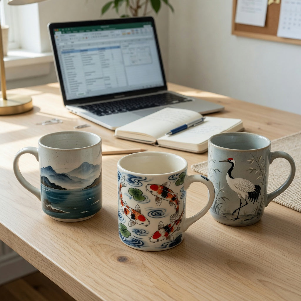 Art coffee mugs home office product shortlist guide showing Mountain Sea, Koi Fish, and Crane ceramic mugs beside a laptop