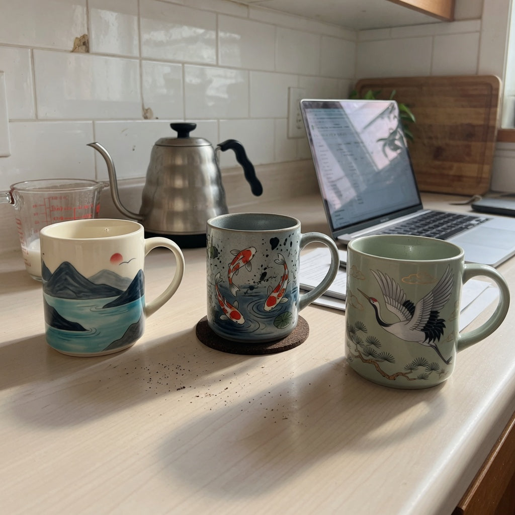 Art coffee mugs morning routine practical purchase checklist with ceramic mountain-sea, koi fish, and crane mugs beside a measured morning pour