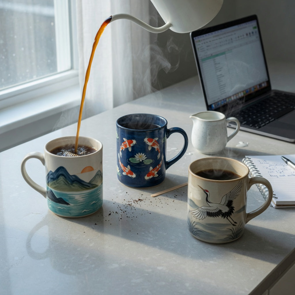 Three ceramic motif mugs shown in the art coffee mugs morning routine product shortlist guide: Mountain Sea, Koi Fish, and Crane