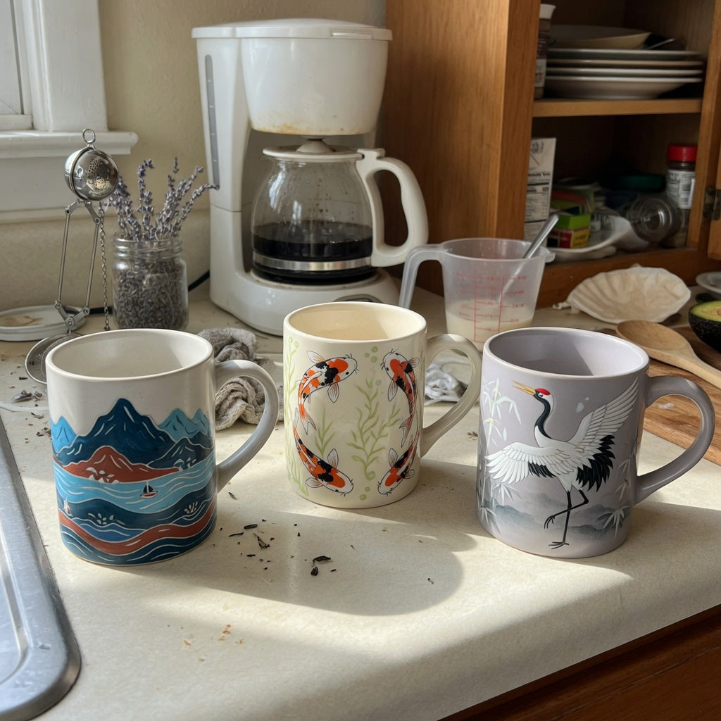 Art coffee mugs shared household practical purchase checklist with mountain-and-sea, koi fish, and crane ceramic mugs on a shared kitchen counter