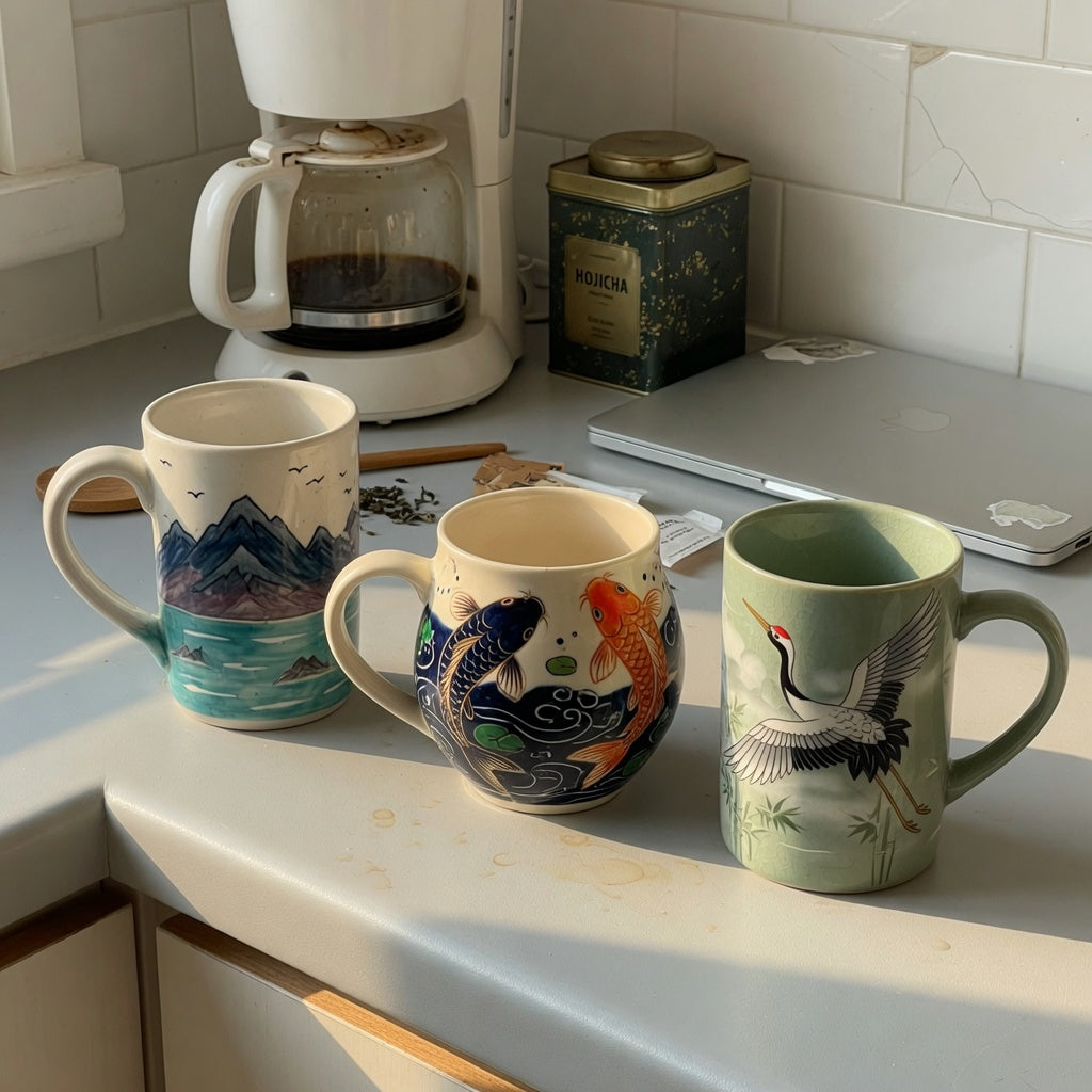 Art coffee mugs shared household product shortlist guide showing Mountain Sea, Koi Fish, and Crane ceramic mugs on a shared kitchen counter