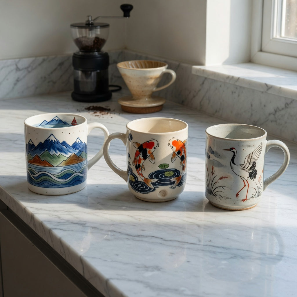 Art coffee mugs for small coffee setup on a narrow counter with mountain sea, koi fish, and crane motifs