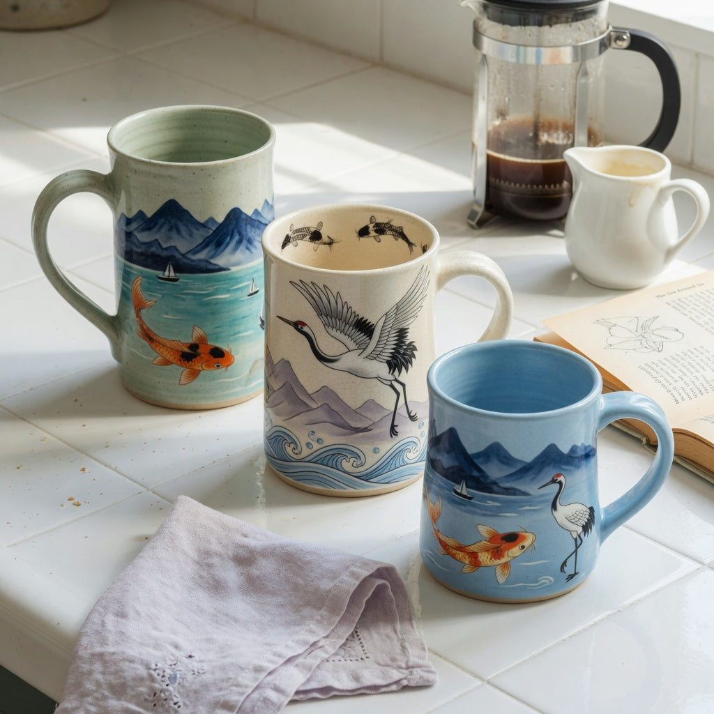 Art coffee mugs weekend coffee practical purchase checklist with three ceramic motif mugs on a Saturday breakfast counter
