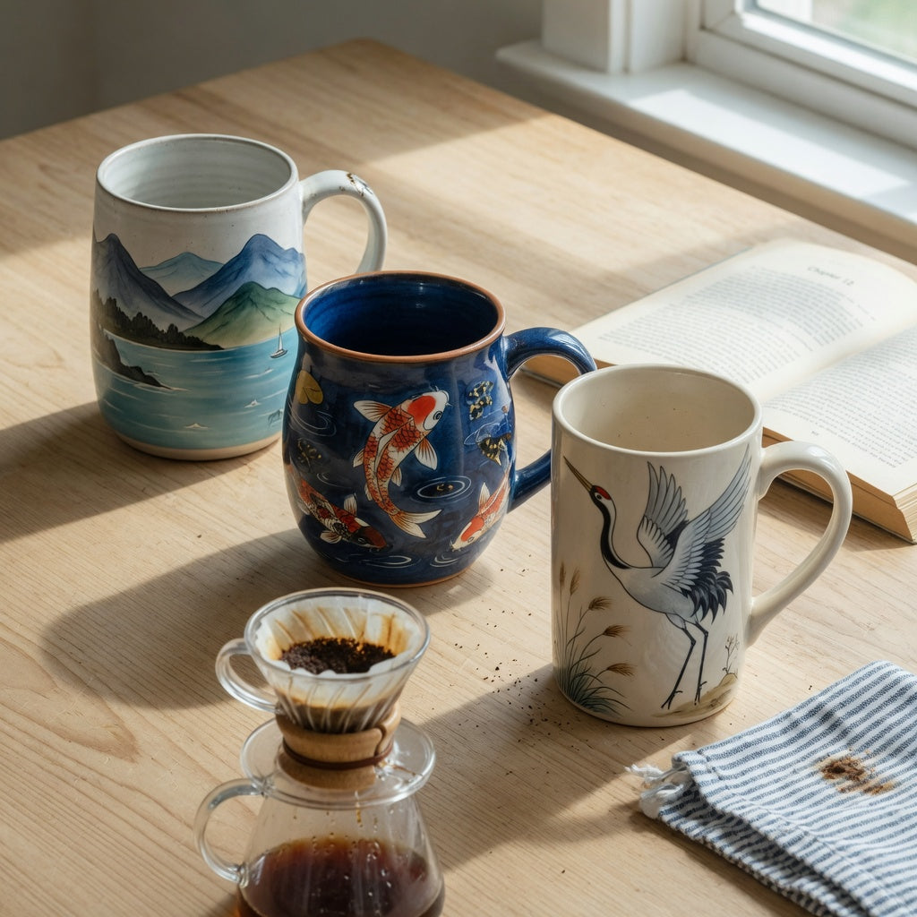 Art coffee mugs weekend coffee product shortlist guide with mountain-sea, koi fish, and crane ceramic mugs on a Saturday breakfast table