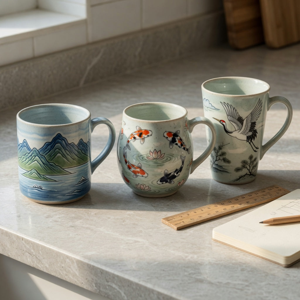 art coffee mugs shape and handle guide showing Mountain Sea, Koi Fish, and Crane ceramic mug silhouettes side by side