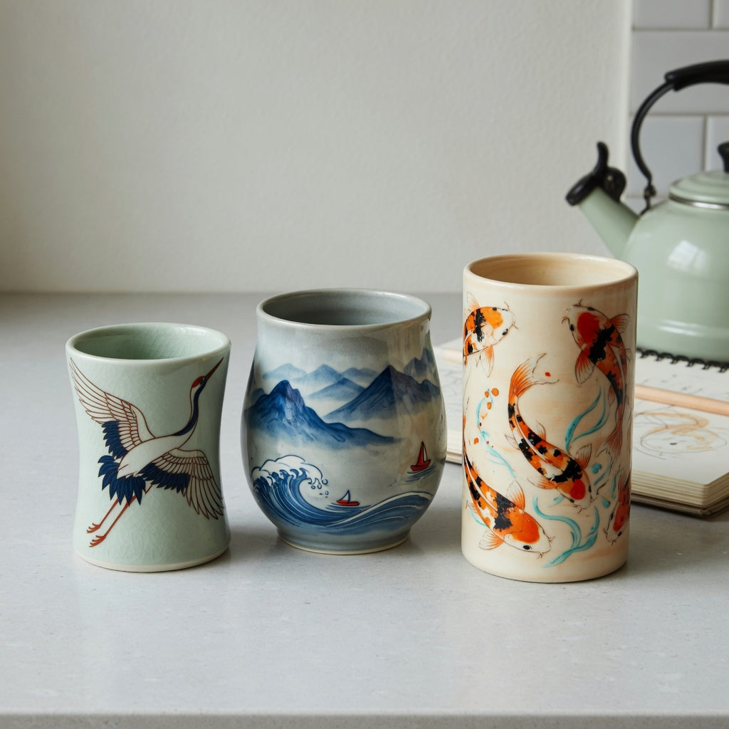 Art coffee mugs size decision guide showing 11 oz Crane, 12 oz Mountain Sea, and 15 oz Koi Fish ceramic mugs side by side