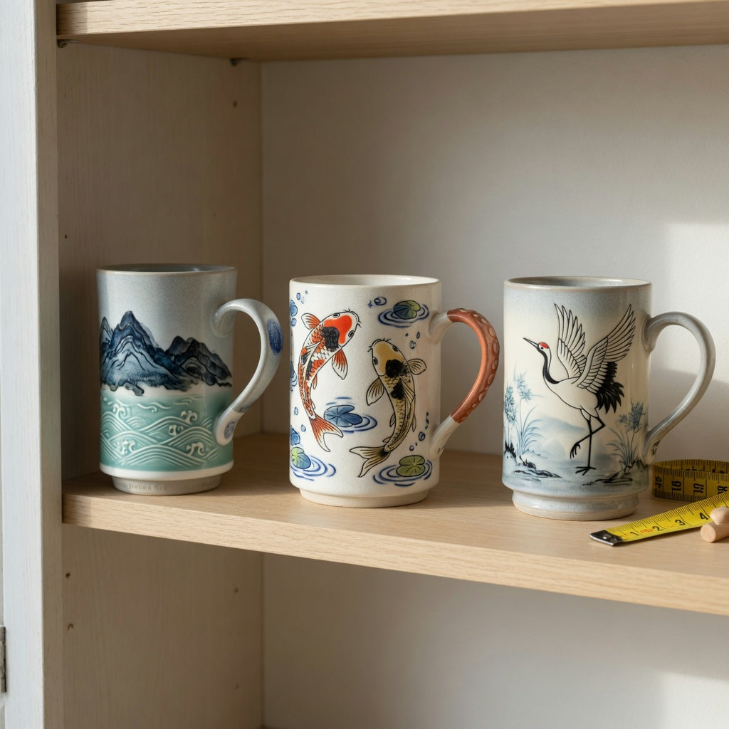 Art coffee mugs storage fit guide showing Mountain Sea, Koi Fish, and Crane ceramic mugs spaced on an open shelf