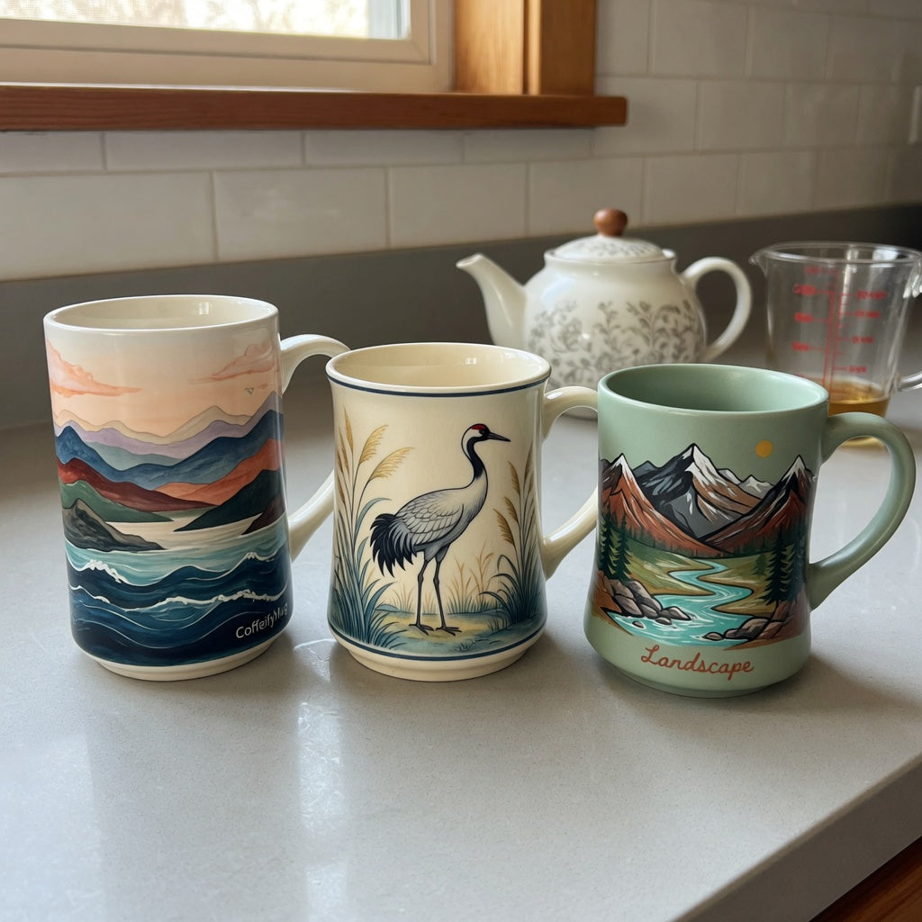Artistic tea mugs arranged side by side for a design and size comparison on a kitchen counter