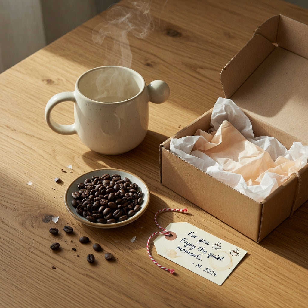 Cream ceramic ball handle mug gift on a table beside an open kraft gift box, tissue paper, and a dish of coffee beans