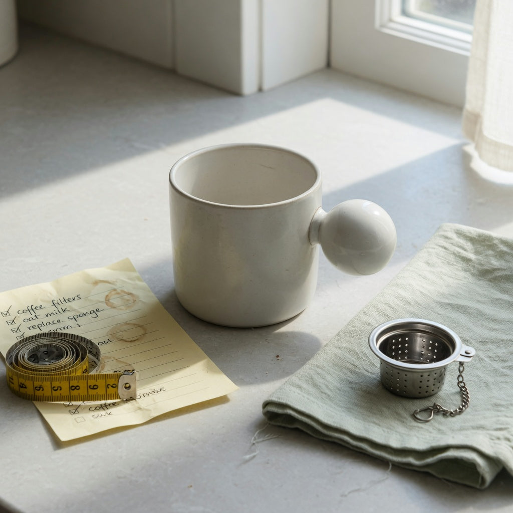 Ball handled coffee tea mug buying checklist beside a ceramic mug with a spherical handle