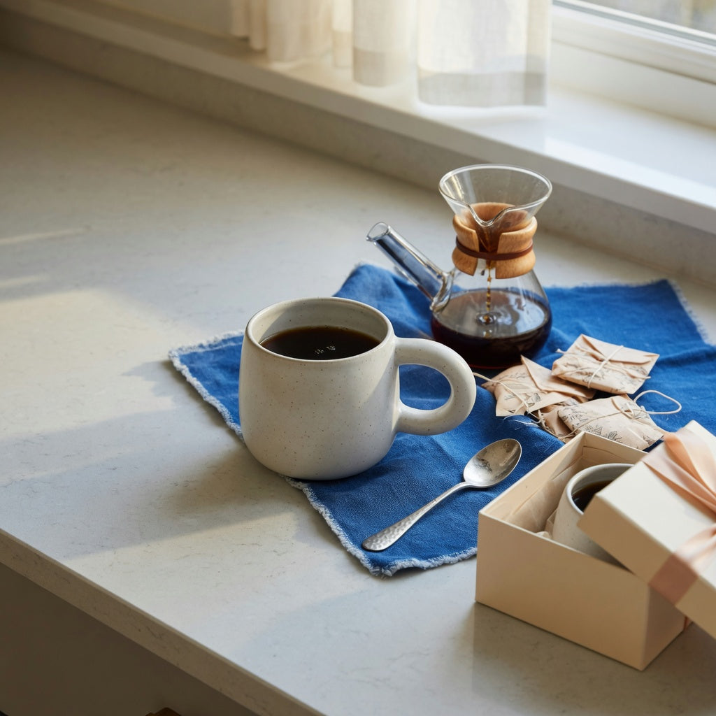 Ball handled coffee tea mug gift ideas shown with a 250 ml ceramic mug, rounded handle, tea, and simple gift packaging