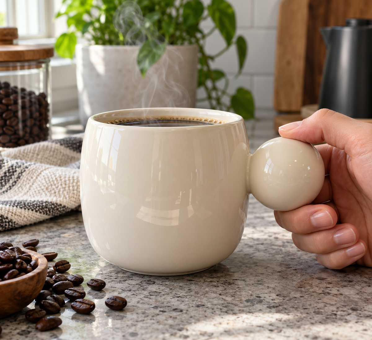 ball handled mug for coffee lovers with comfortable ball grip and steaming coffee