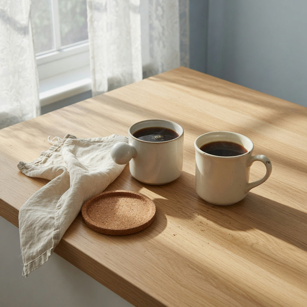 Ball vs ceramic coffee mug comparison with a ball-handled mug beside a classic ceramic mug on a kitchen counter