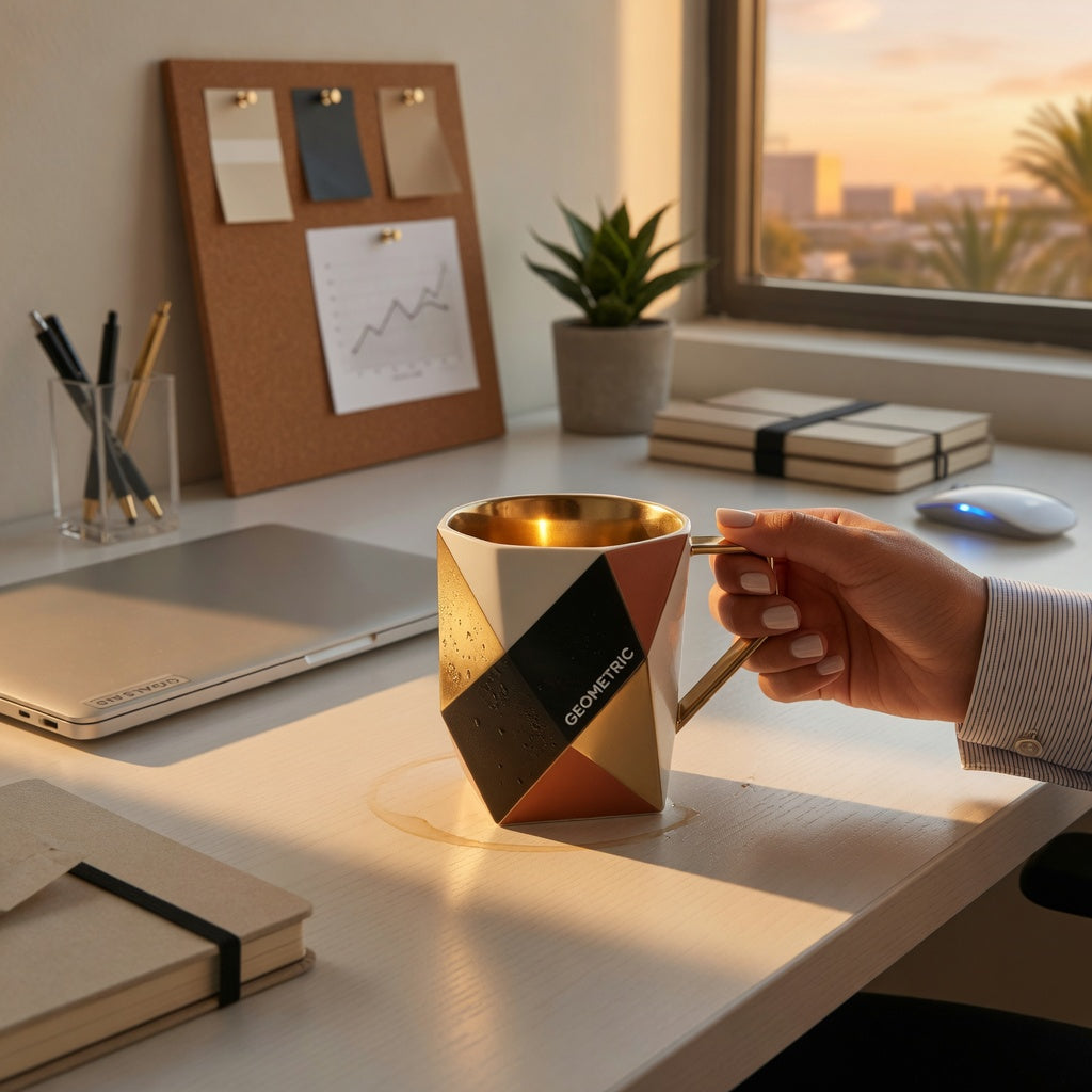 best abstract coffee mug for office on a desk with geometric rhombus design