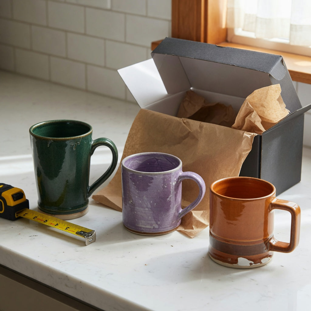 Best ceramic coffee mug for gifting comparison with three glazed mugs, gift wrap, and a measuring tape on a kitchen counter