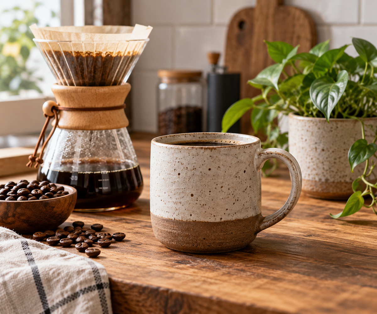 best ceramic coffee mug for home decor enthusiasts displayed on kitchen counter with coffee setup