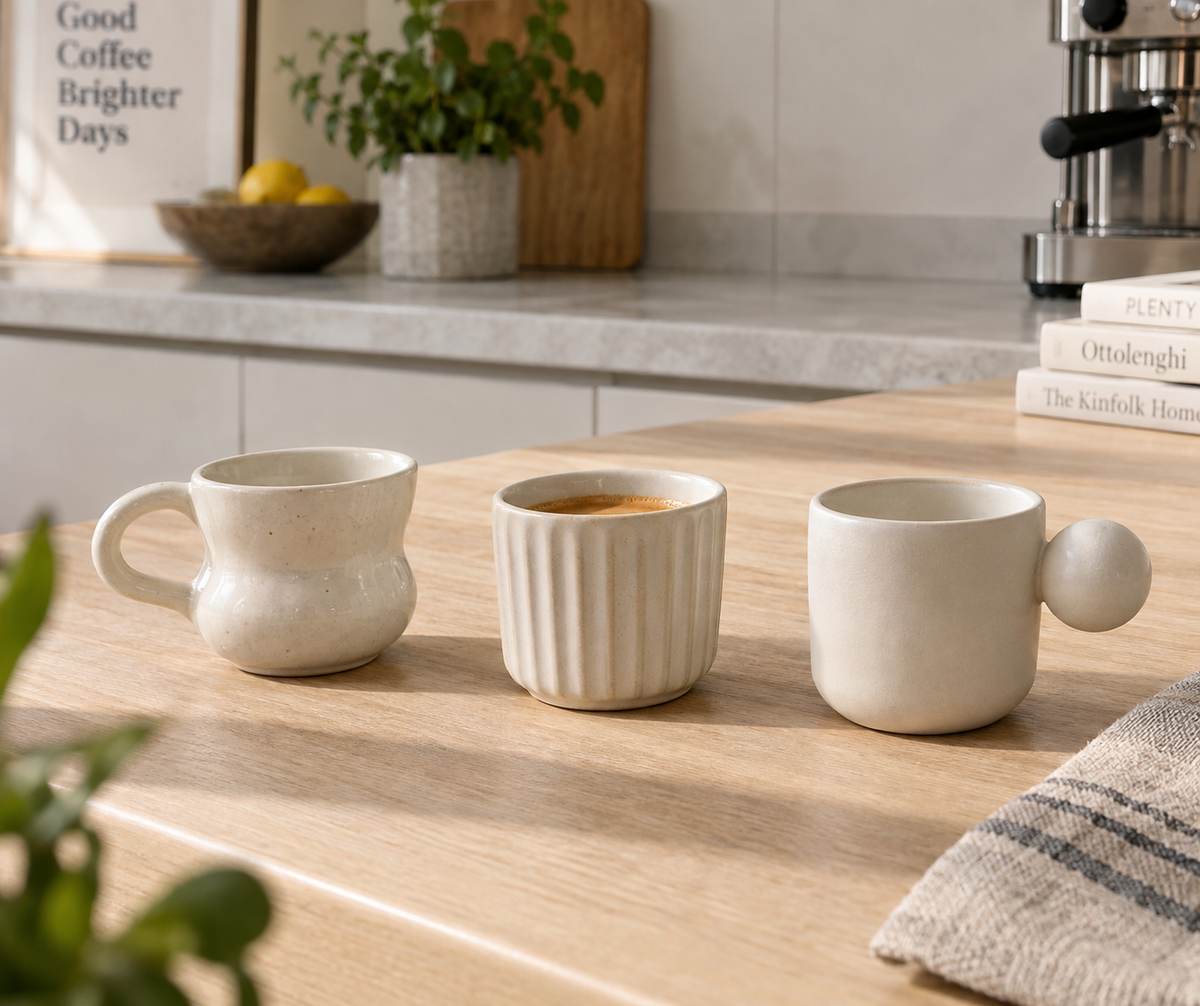 Best ceramic espresso cup for beginners: retro pleated and ball handle styles on kitchen counter
