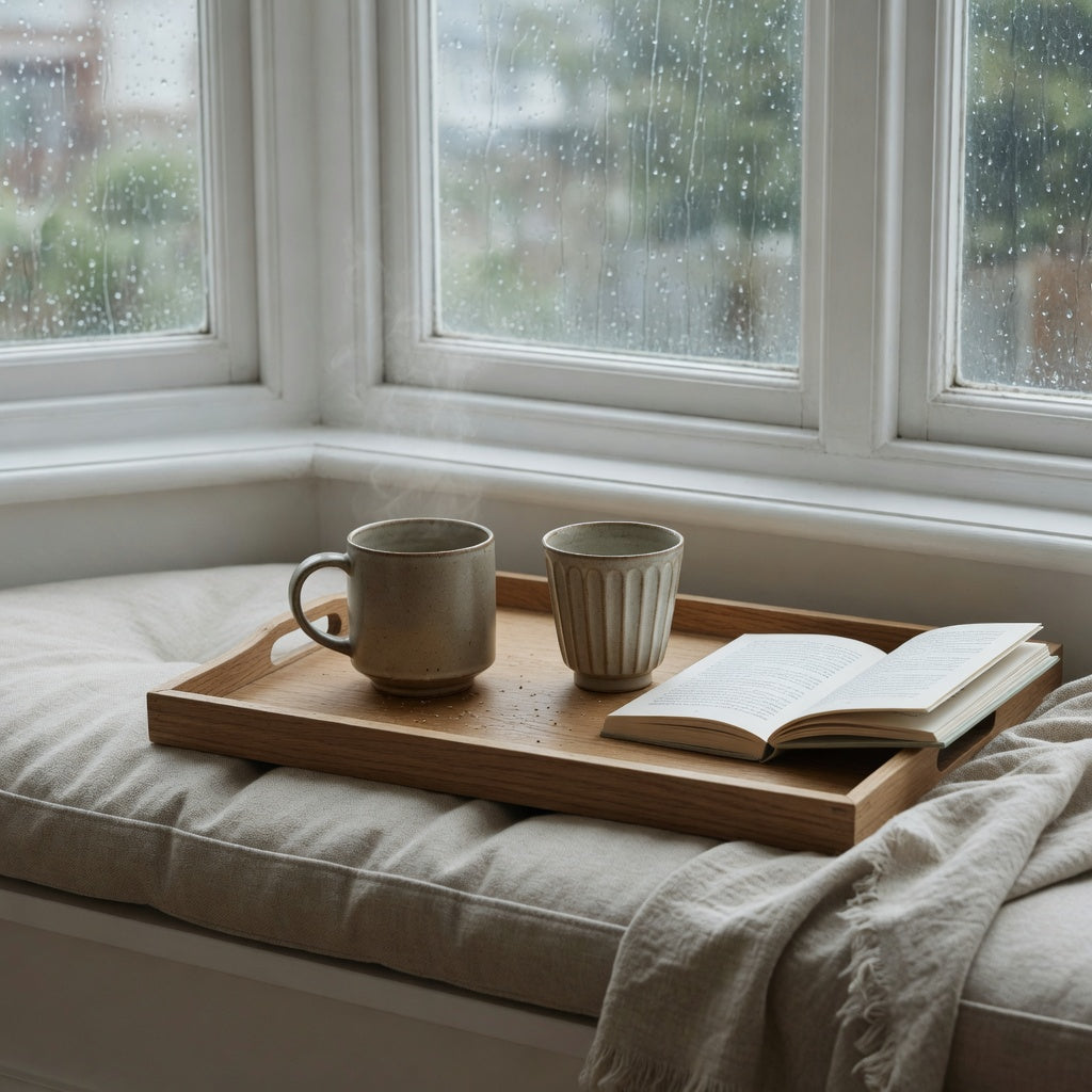 Best ceramic mug for window seat comparison with round and pleated cups on a rigid tray beside an open book