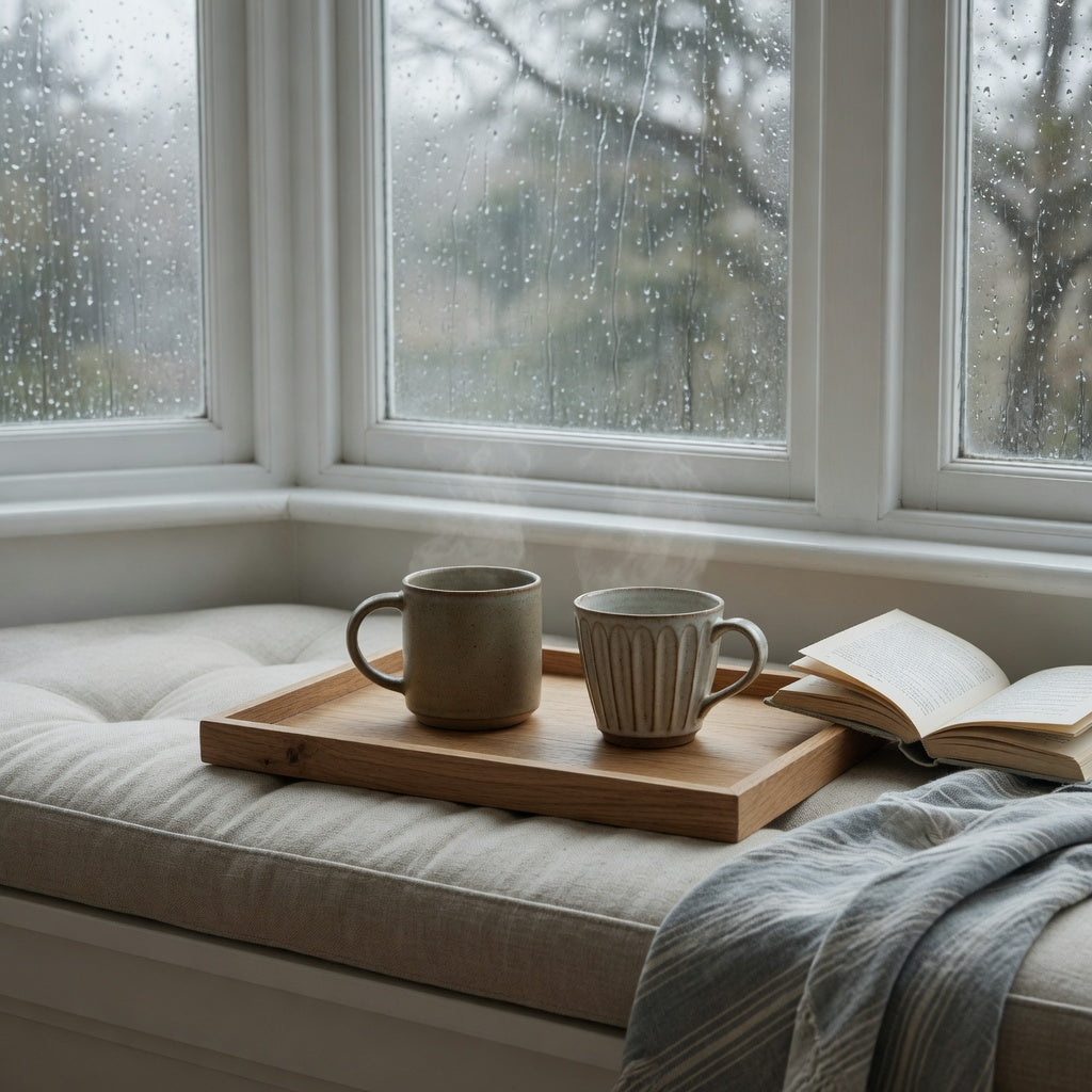 Best ceramic mug for window seat comparison with round and pleated cups on a rigid tray beside an open book