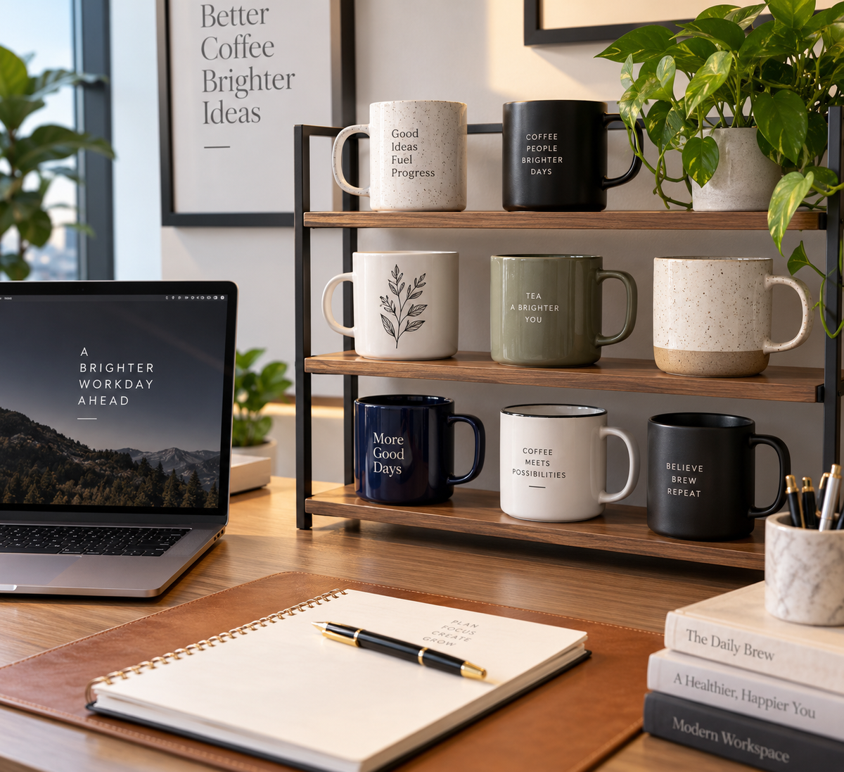 best ceramic mug shelf for office desk in a tidy workspace