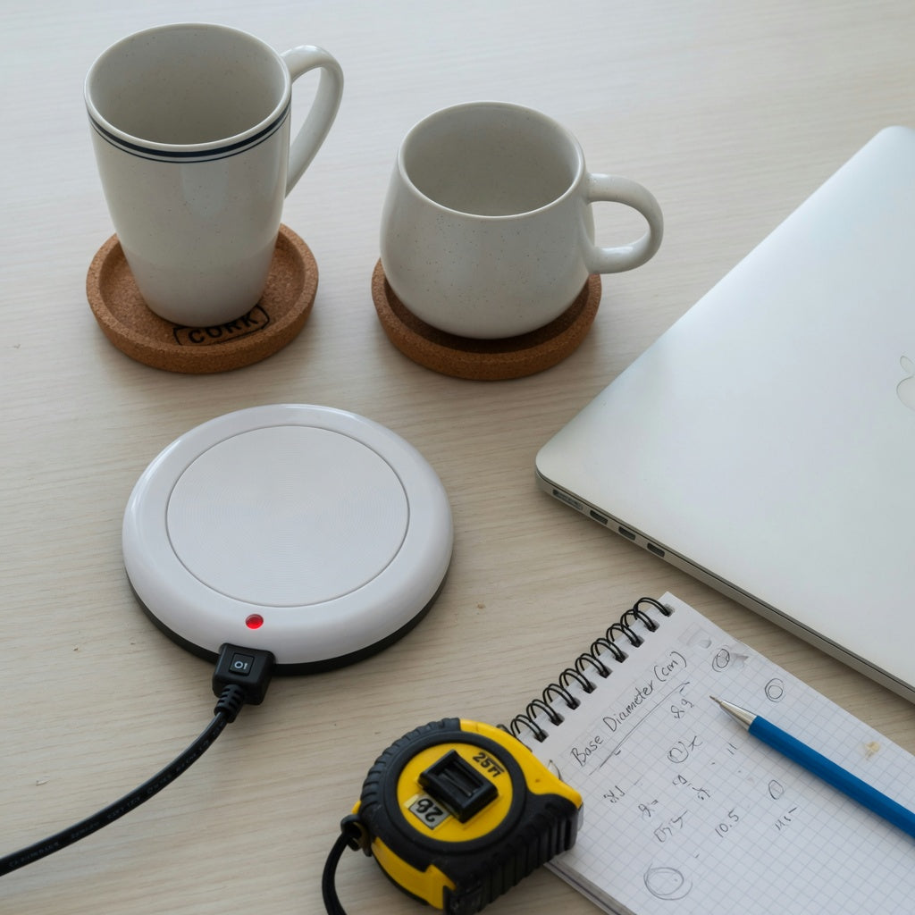 Tall and rounded ceramic mugs compared on a home desk coffee station beside a laptop and mug warmer — how to choose the best ceramic mugs for a desk coffee station