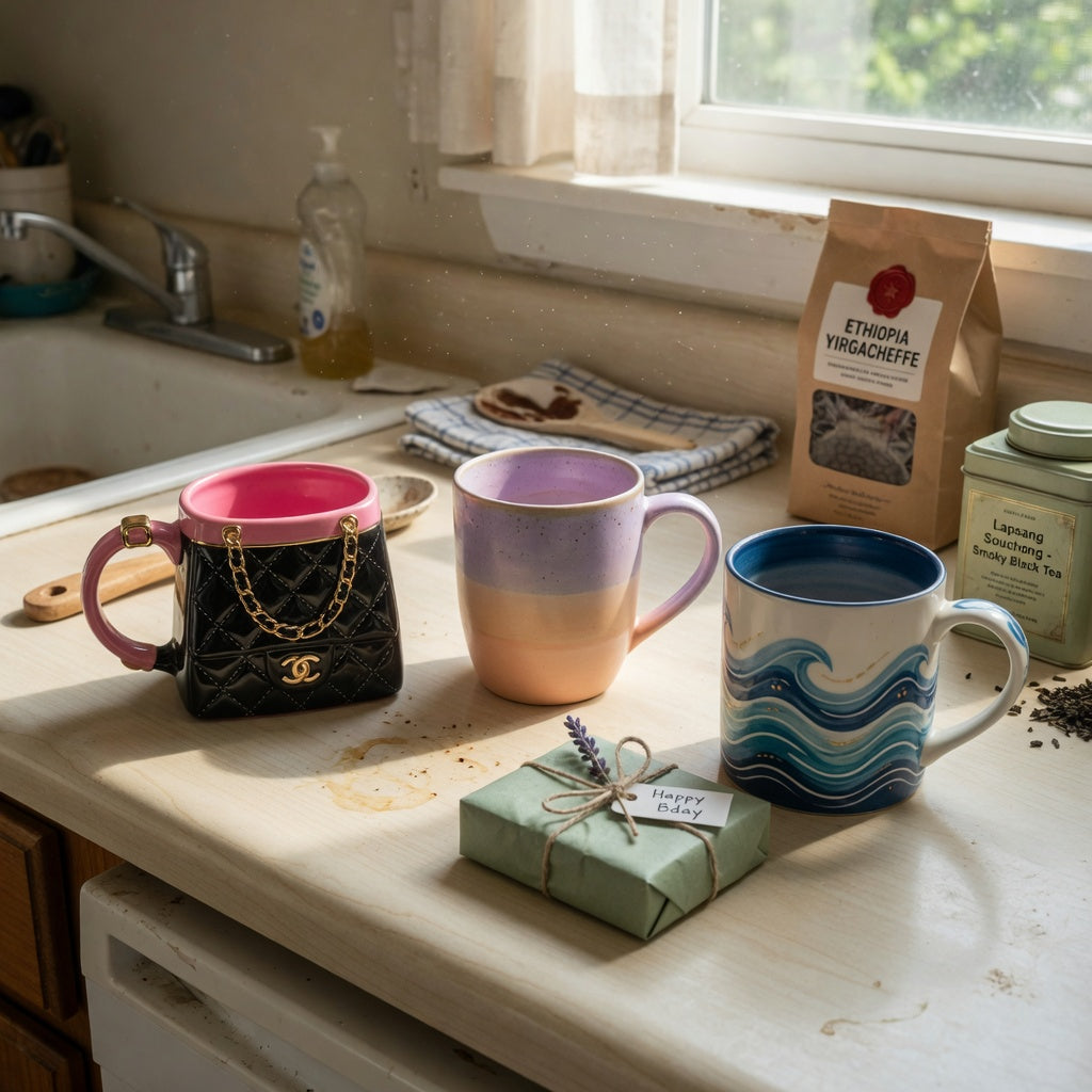 The best ceramic mugs for birthday presents displayed with coffee, tea, and a wrapped gift