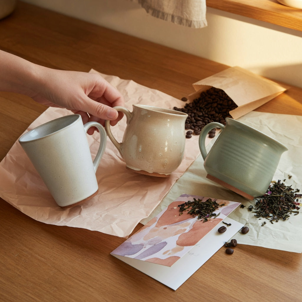 Best ceramic mugs for birthday presents compared by size, handle shape, and glaze beside birthday gift wrap